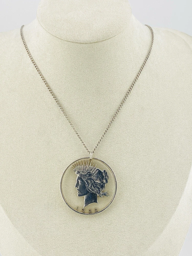 1922 Peace Dollar Liberty silhouette pendant necklace hand cut silver coin