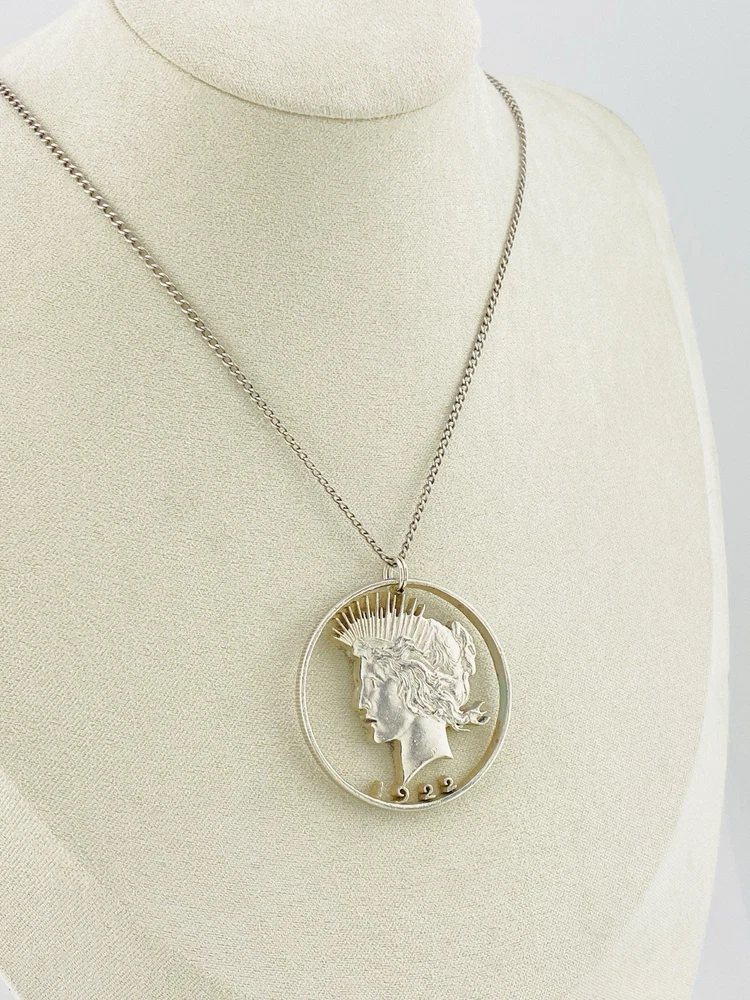 1922 Peace Dollar Liberty silhouette pendant necklace hand cut silver coin