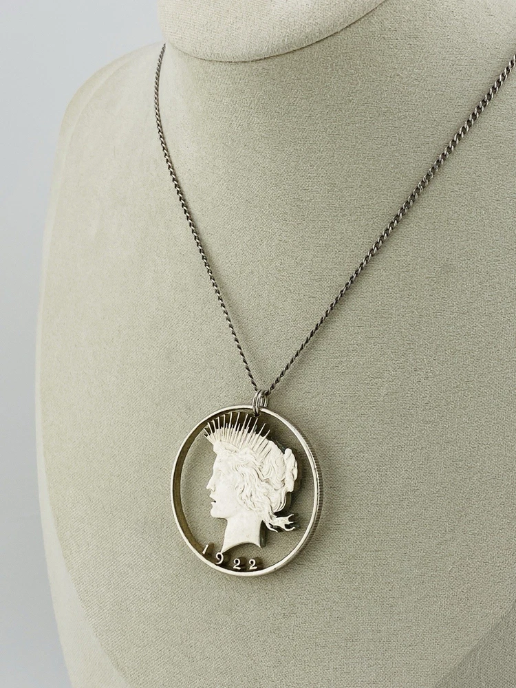 1922 Peace Dollar Liberty silhouette pendant necklace hand cut silver coin
