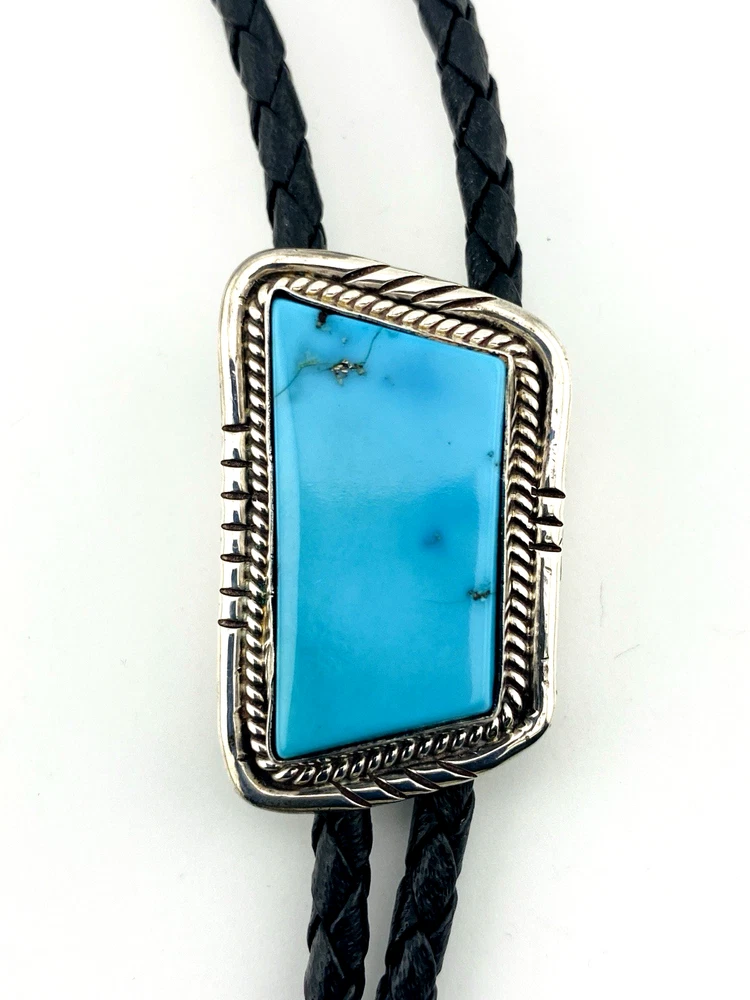 Native American Turquoise Sterling Silver Bolo Tie Signed JJ Navajo