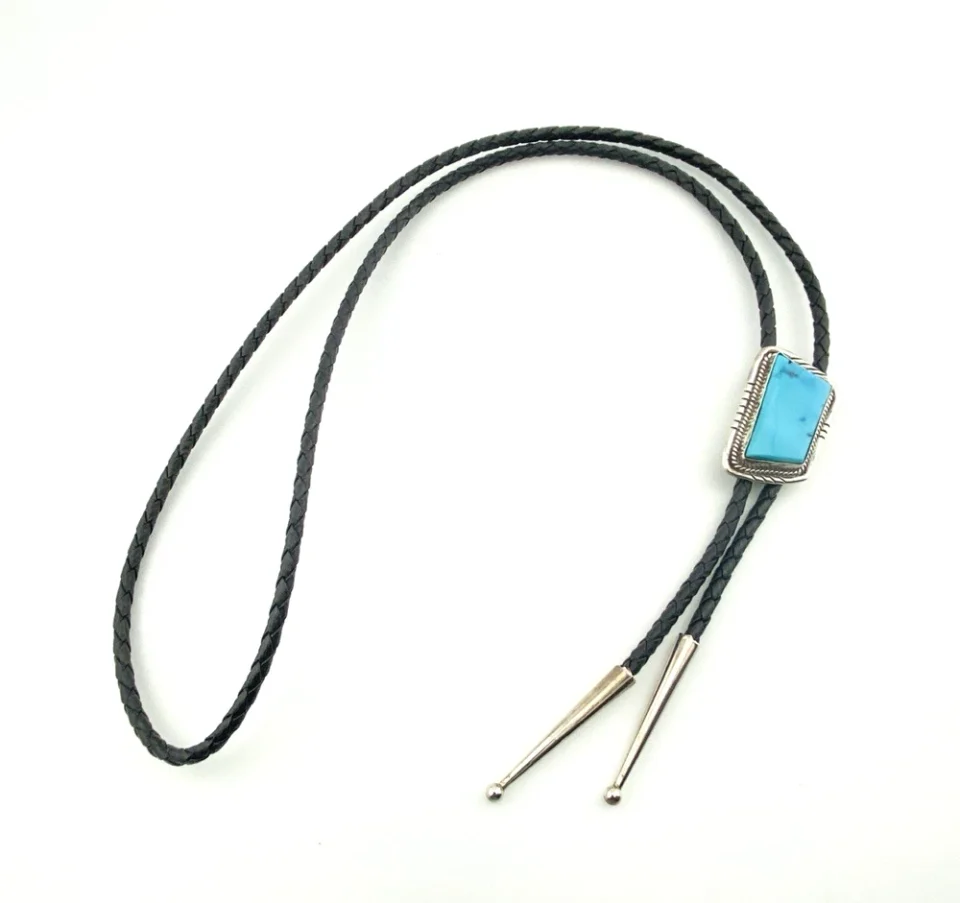 Native American Turquoise Sterling Silver Bolo Tie Signed JJ Navajo