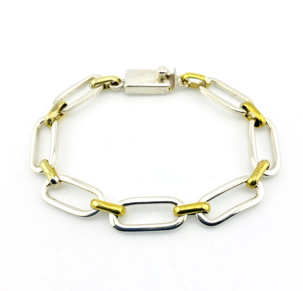 Vintage Mexican sterling silver and brass link bracelet with chunky mixed metal chain links