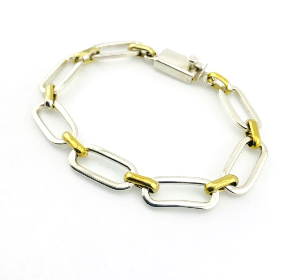 Vintage Mexican sterling silver and brass link bracelet with chunky mixed metal chain links