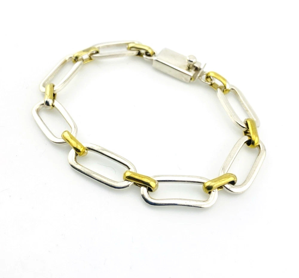 Vintage Mexican sterling silver and brass link bracelet with chunky mixed metal chain links