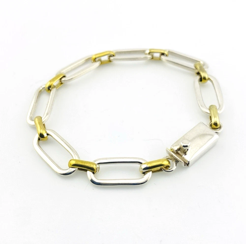 Vintage Mexican sterling silver and brass link bracelet with chunky mixed metal chain links