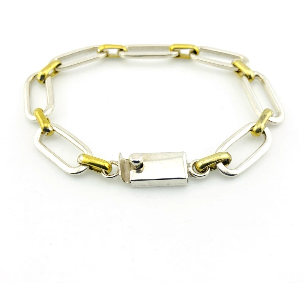 Vintage Mexican sterling silver and brass link bracelet with chunky mixed metal chain links