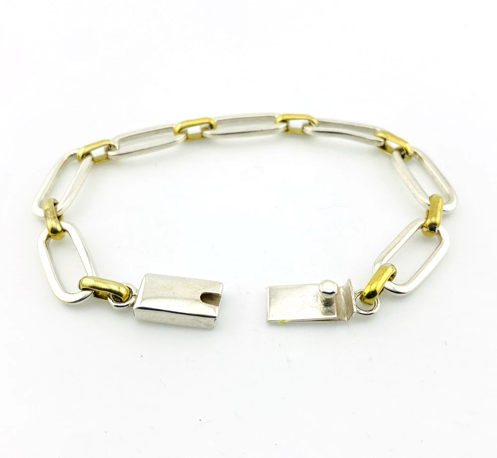 Vintage Mexican sterling silver and brass link bracelet with chunky mixed metal chain links