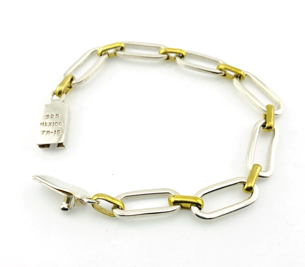 Vintage Mexican sterling silver and brass link bracelet with chunky mixed metal chain links