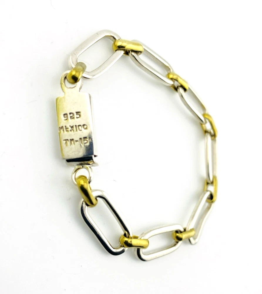 Vintage Mexican sterling silver and brass link bracelet with chunky mixed metal chain links