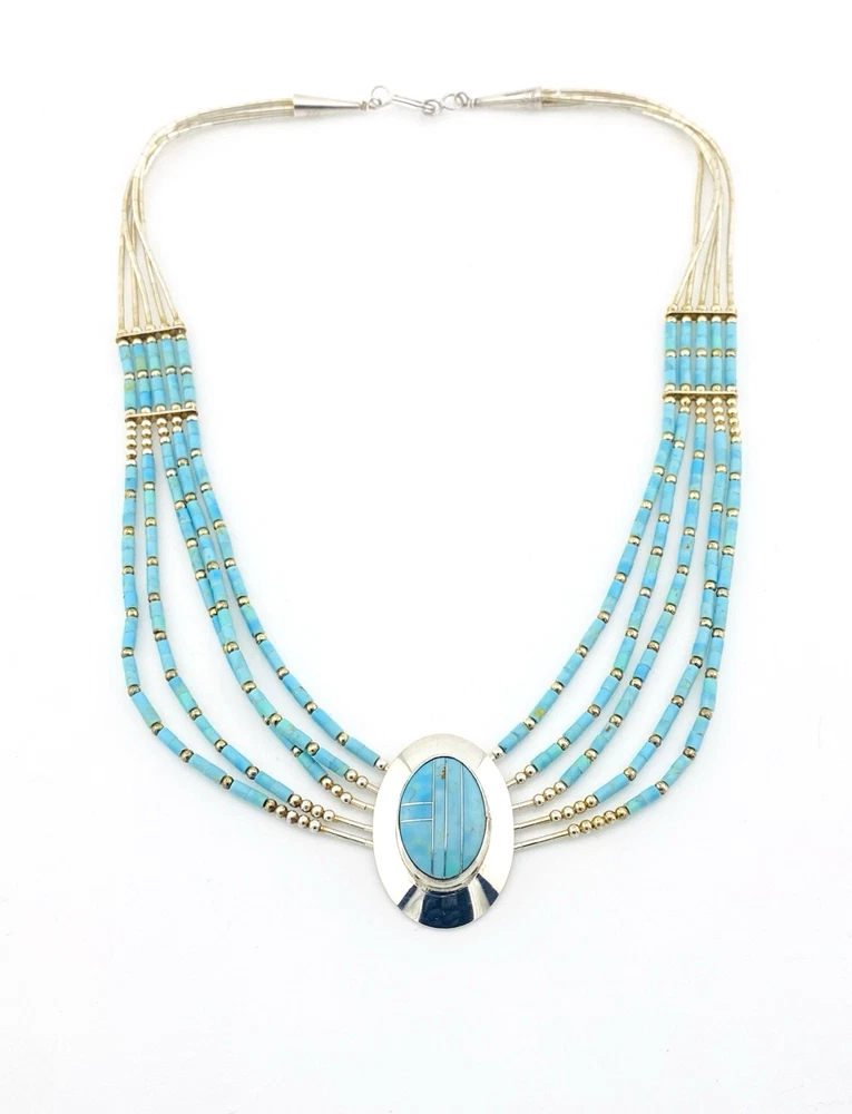 Turquoise Inlay Liquid Silver Necklace Sterling Silver Multi Strand 15.5