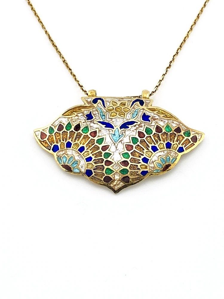 Indian Guilloche Enamel Fan Pendant Necklace