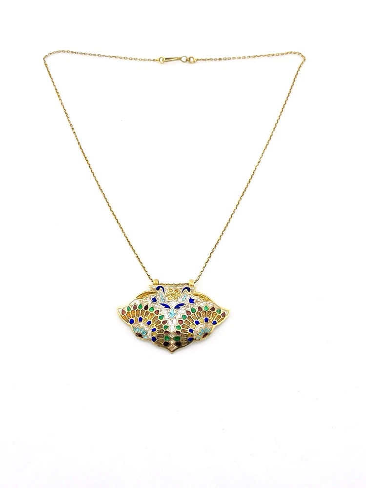 Vintage Indian Guilloche Enamel Fan Pendant Necklace Handmade Vermeil Silver