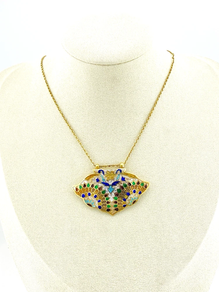 Vintage Indian Guilloche Enamel Fan Pendant Necklace Handmade Vermeil Silver