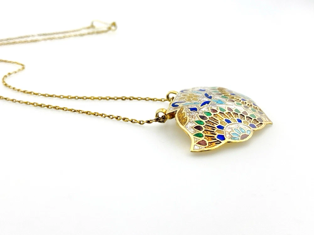 Vintage Indian Guilloche Enamel Fan Pendant Necklace Handmade Vermeil Silver