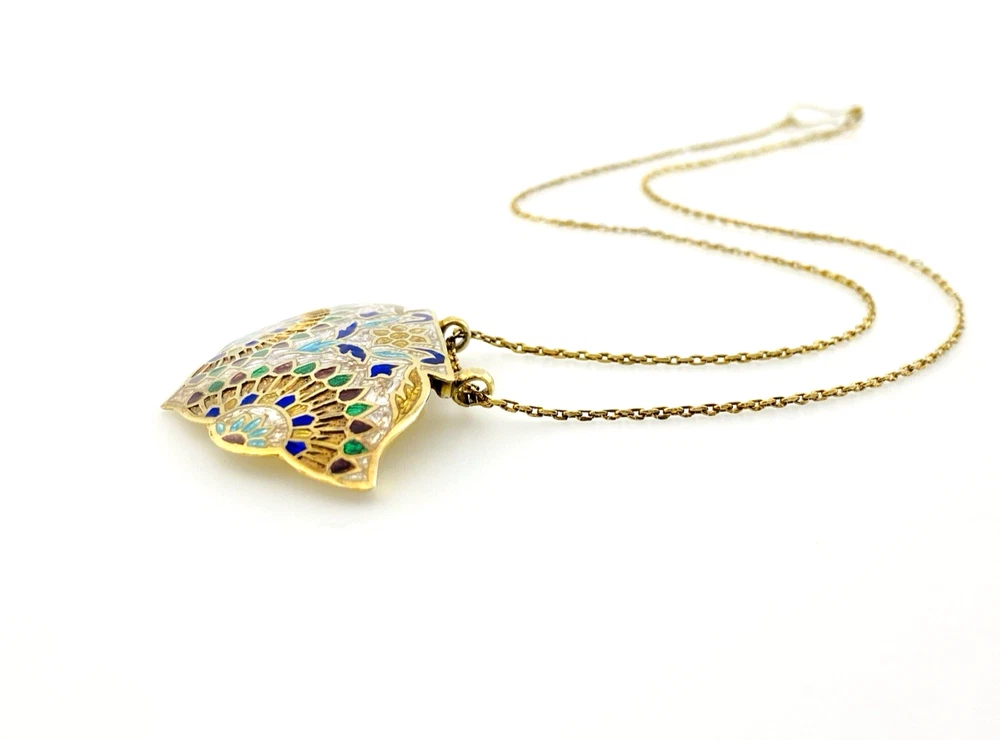 Vintage Indian Guilloche Enamel Fan Pendant Necklace Handmade Vermeil Silver