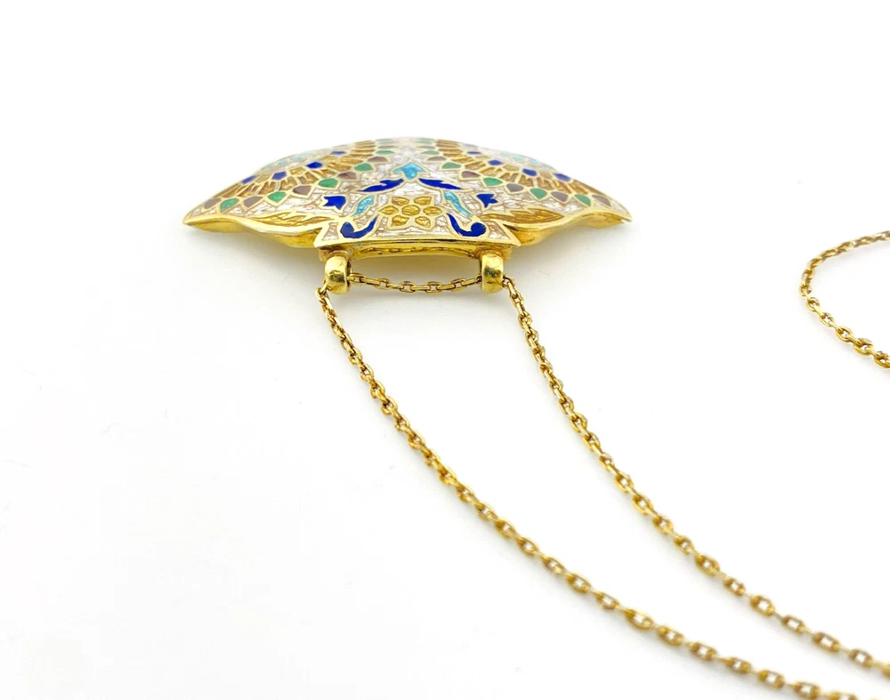 Vintage Indian Guilloche Enamel Fan Pendant Necklace Handmade Vermeil Silver