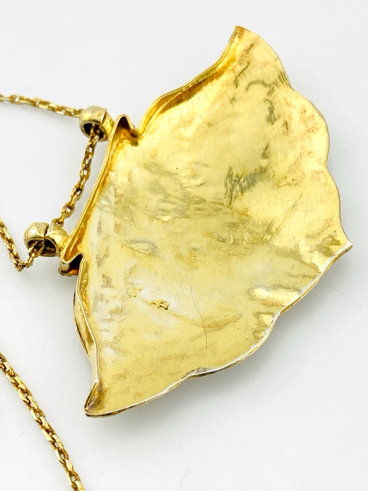 Vintage Indian Guilloche Enamel Fan Pendant Necklace Handmade Vermeil Silver