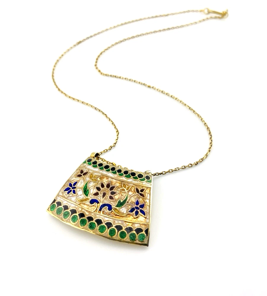 Indian Guilloche Enamel Lac Panel Necklace ca 1970s