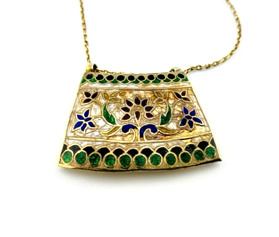 Vintage Indian Guilloche Enamel Panel Pendant Necklace in Vermeil Silver