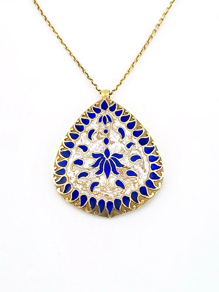 Indian Guilloche Enamel Lac Teardrop Necklace ca 1970s