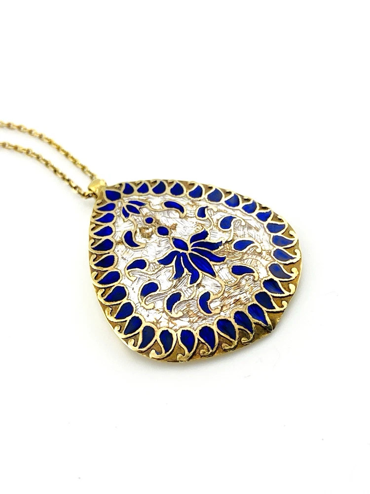 Indian guilloche enamel lac teardrop necklace in vermeil silver with blush pink and cobalt blue enamel