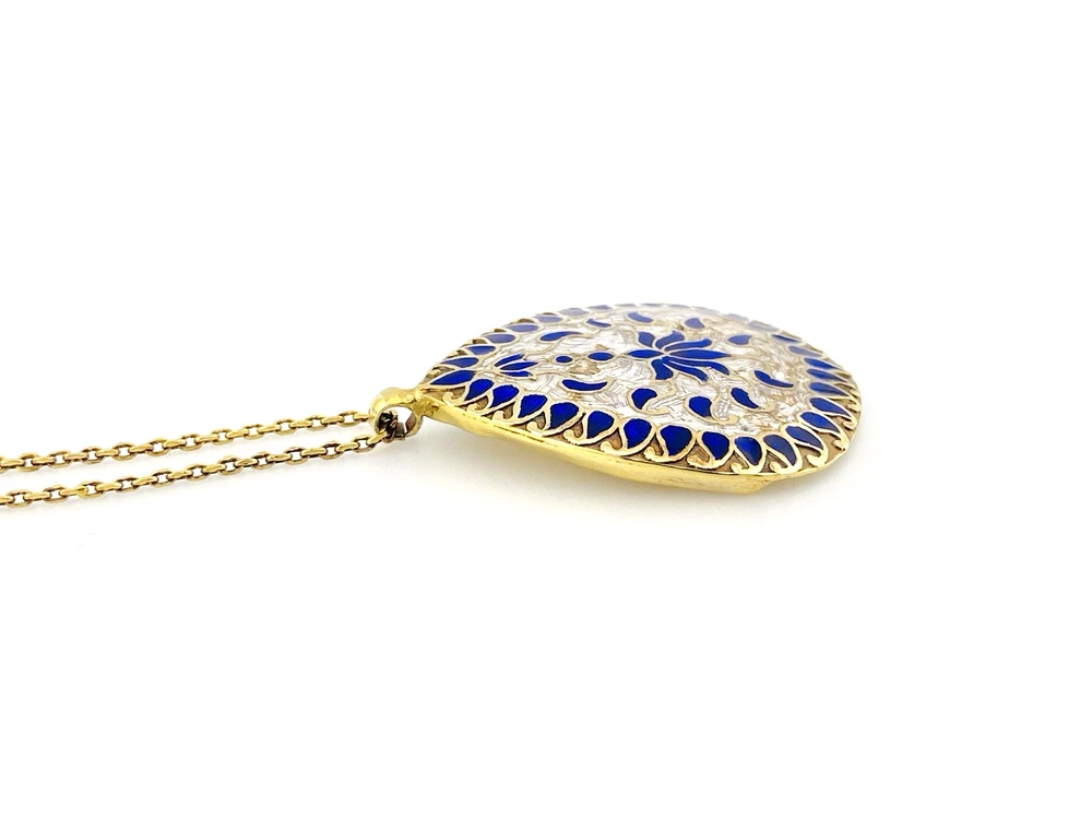 Indian guilloche enamel lac teardrop necklace in vermeil silver with blush pink and cobalt blue enamel