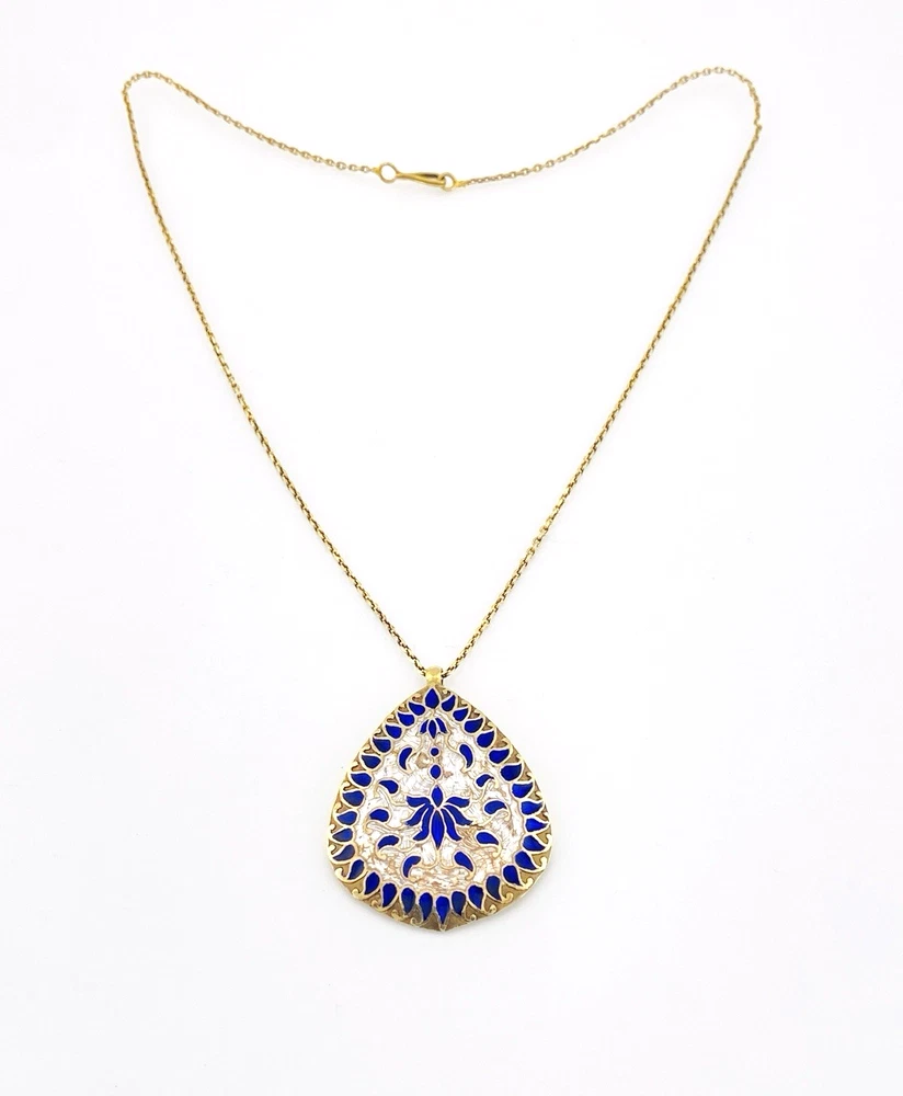 Indian guilloche enamel lac teardrop necklace in vermeil silver with blush pink and cobalt blue enamel