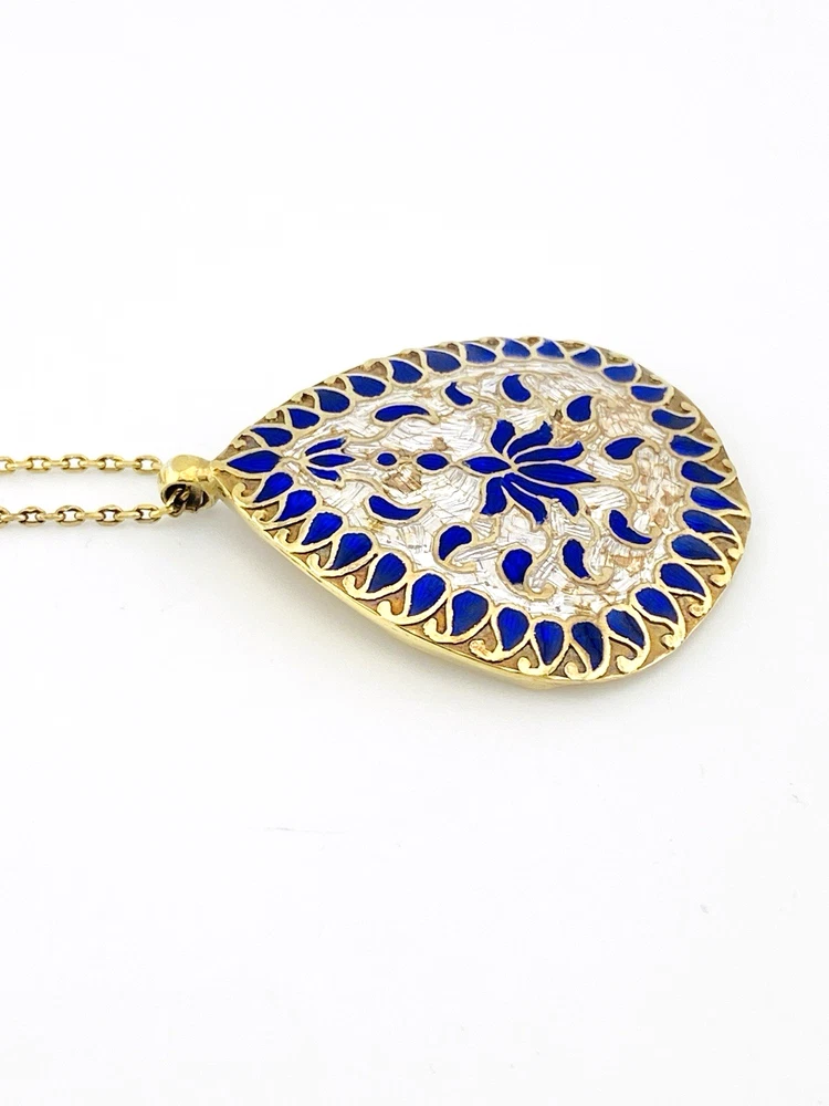 Indian guilloche enamel lac teardrop necklace in vermeil silver with blush pink and cobalt blue enamel