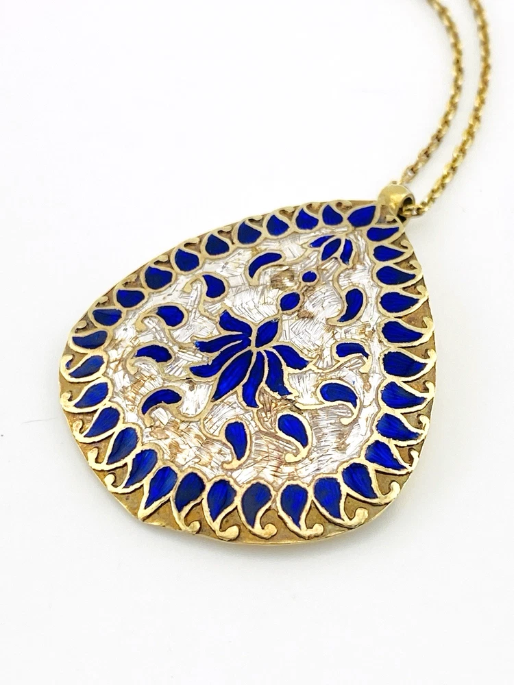 Indian guilloche enamel lac teardrop necklace in vermeil silver with blush pink and cobalt blue enamel