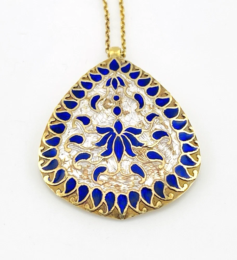 Indian guilloche enamel lac teardrop necklace in vermeil silver with blush pink and cobalt blue enamel