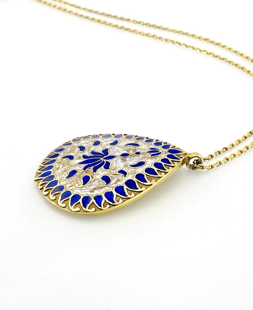Indian guilloche enamel lac teardrop necklace in vermeil silver with blush pink and cobalt blue enamel