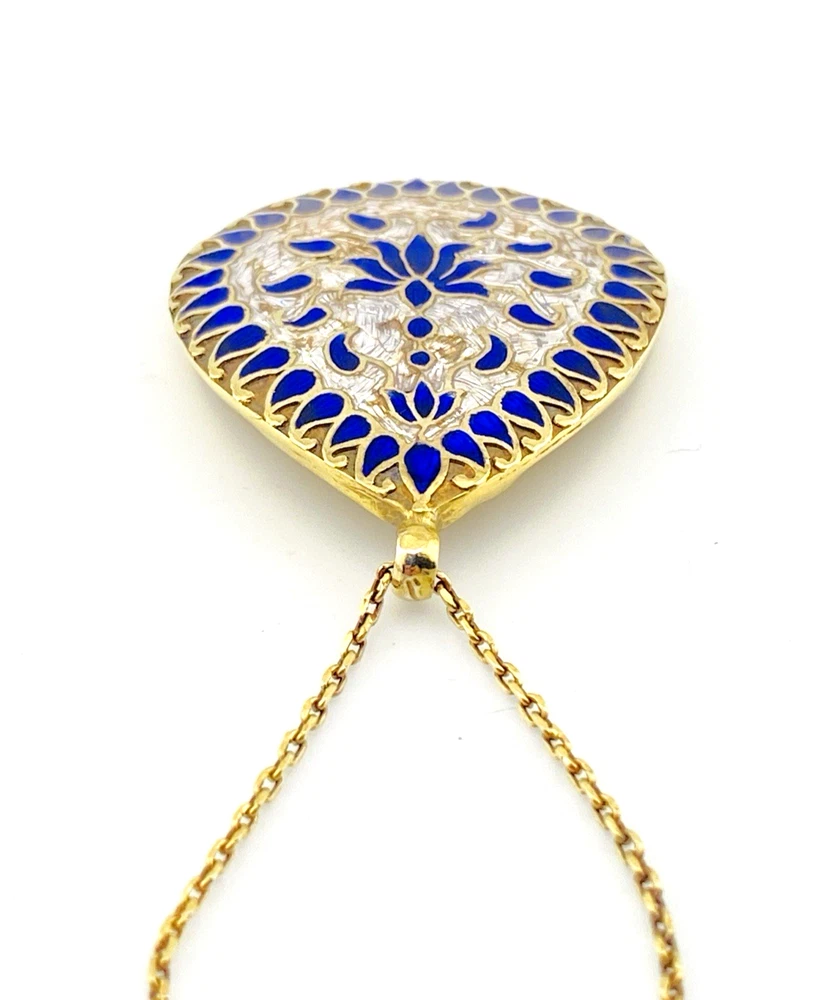 Indian guilloche enamel lac teardrop necklace in vermeil silver with blush pink and cobalt blue enamel