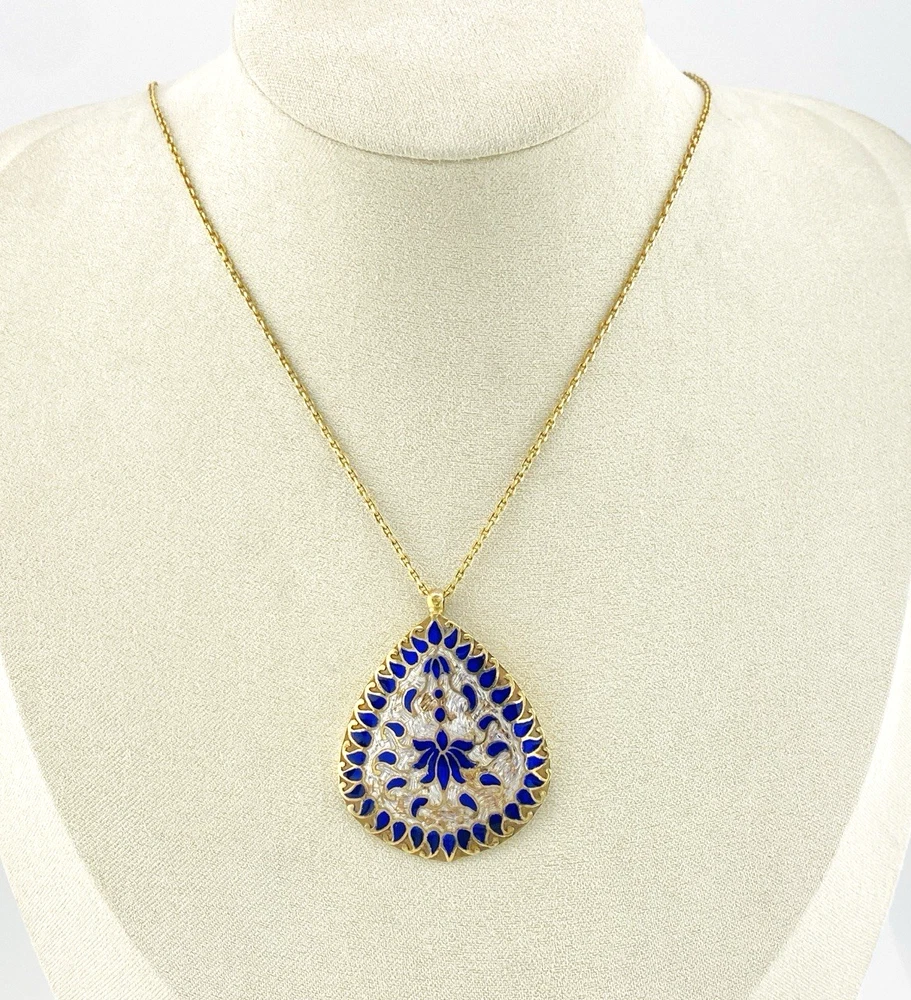 Indian guilloche enamel lac teardrop necklace in vermeil silver with blush pink and cobalt blue enamel