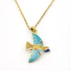 Indian guilloche enamel lac bird necklace in vermeil silver with turquoise and cobalt blue enamel