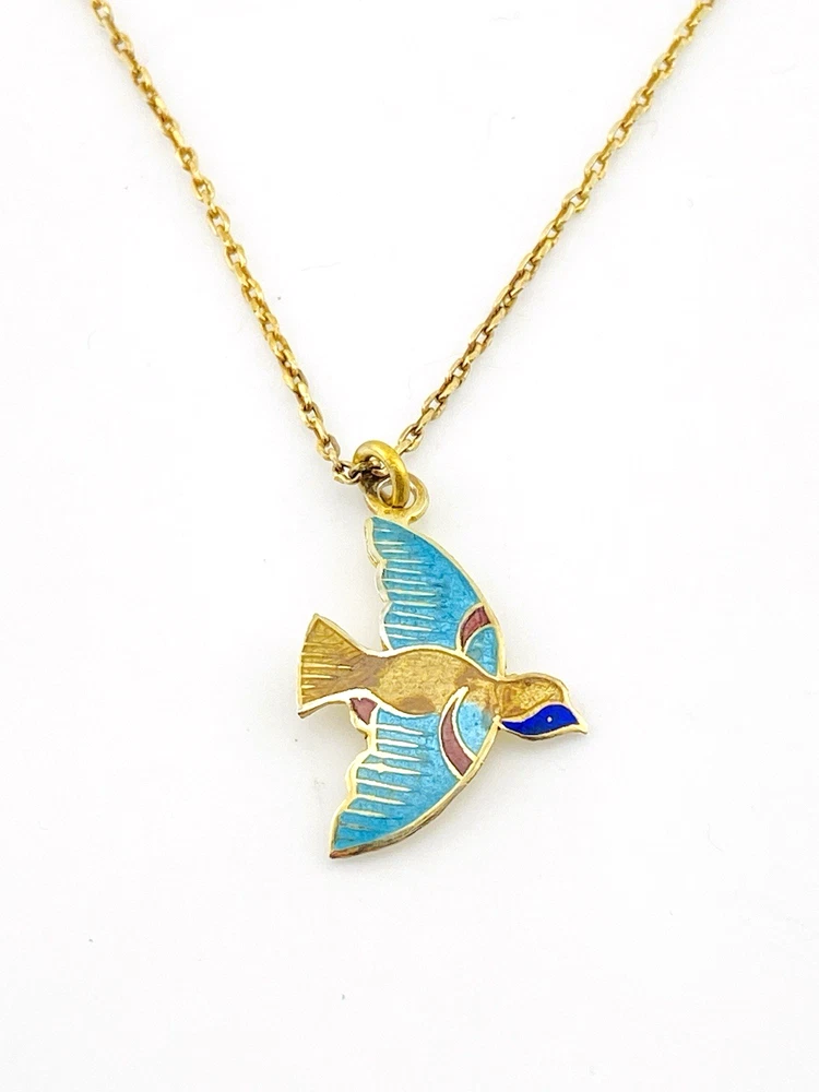 Indian Guilloche Enamel Lac Bird Necklace ca 1970s