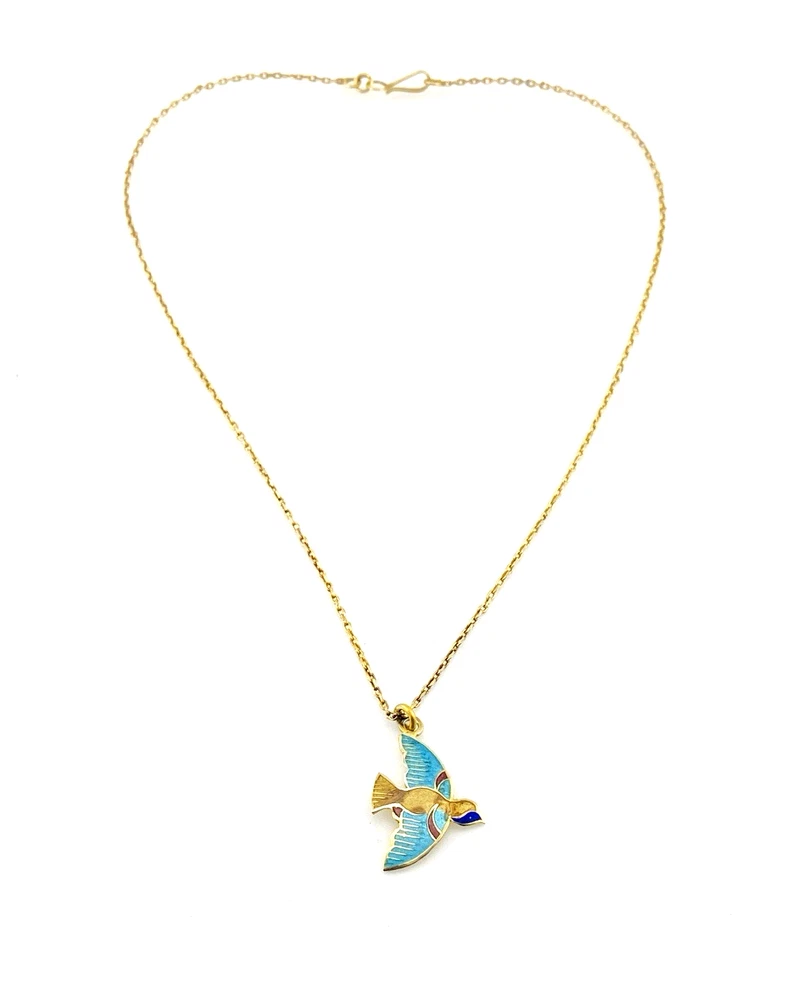 Indian guilloche enamel lac bird necklace in vermeil silver with turquoise and cobalt blue enamel