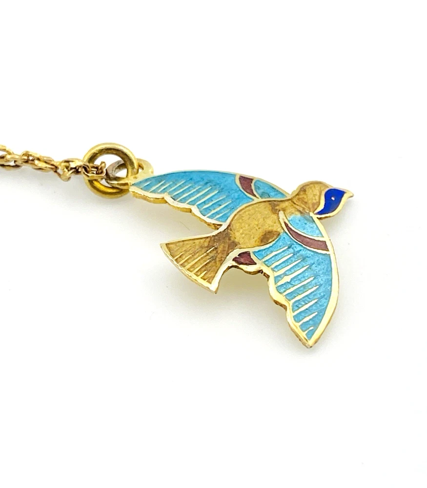 Indian guilloche enamel lac bird necklace in vermeil silver with turquoise and cobalt blue enamel