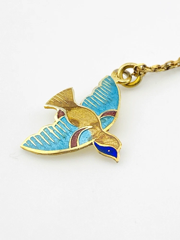 Indian guilloche enamel lac bird necklace in vermeil silver with turquoise and cobalt blue enamel