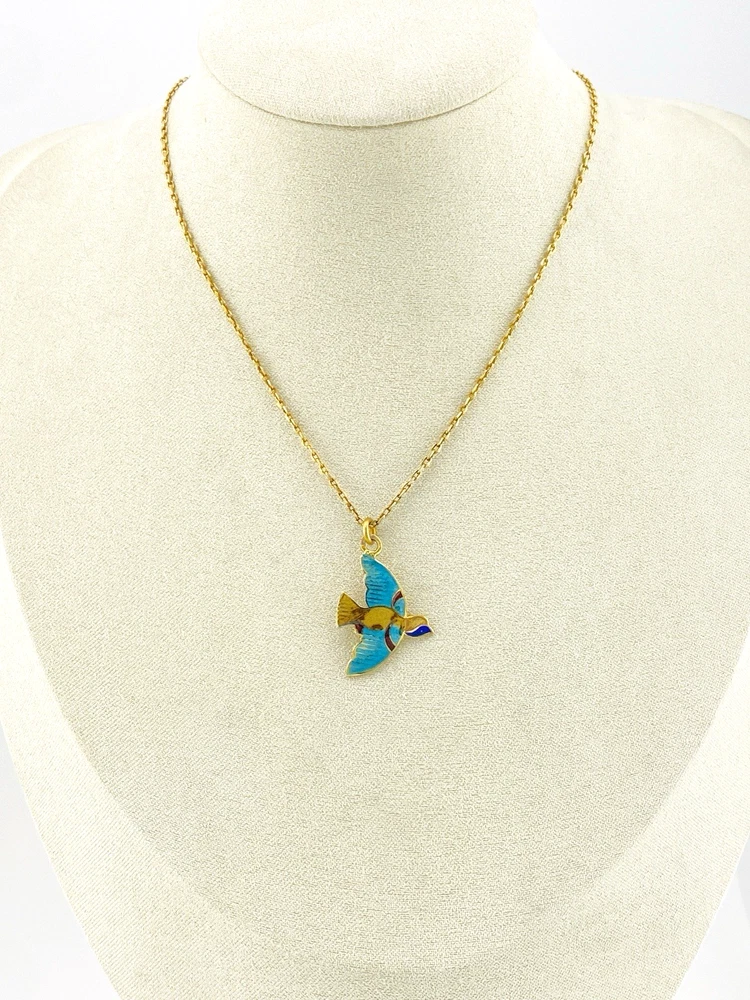 Indian guilloche enamel lac bird necklace in vermeil silver with turquoise and cobalt blue enamel