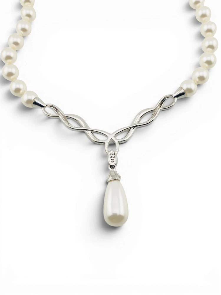 Vintage Faux Pearl CZ Sterling Silver Necklace 925 AU