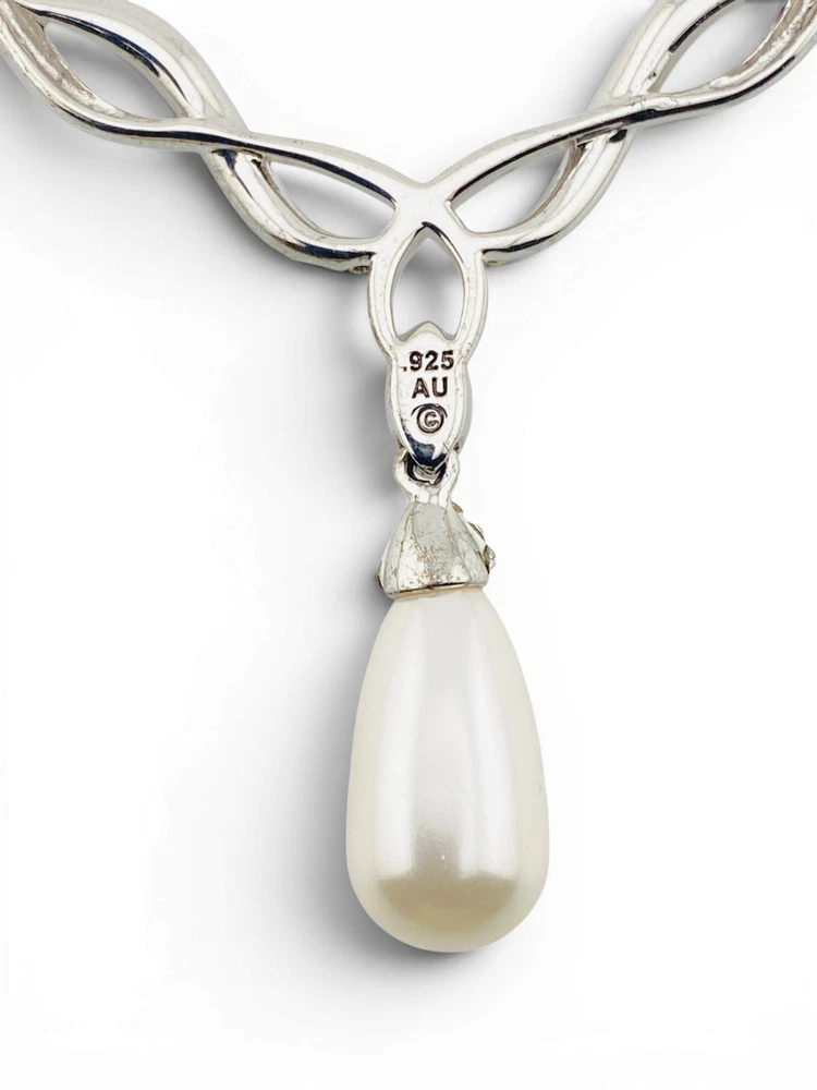 Vintage Faux Pearl CZ Sterling Silver Necklace 925 AU