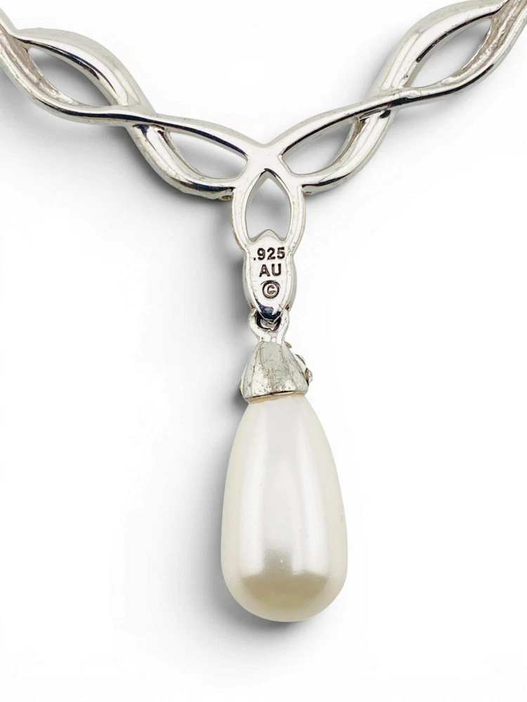 Vintage Faux Pearl CZ Sterling Silver Necklace 925 AU