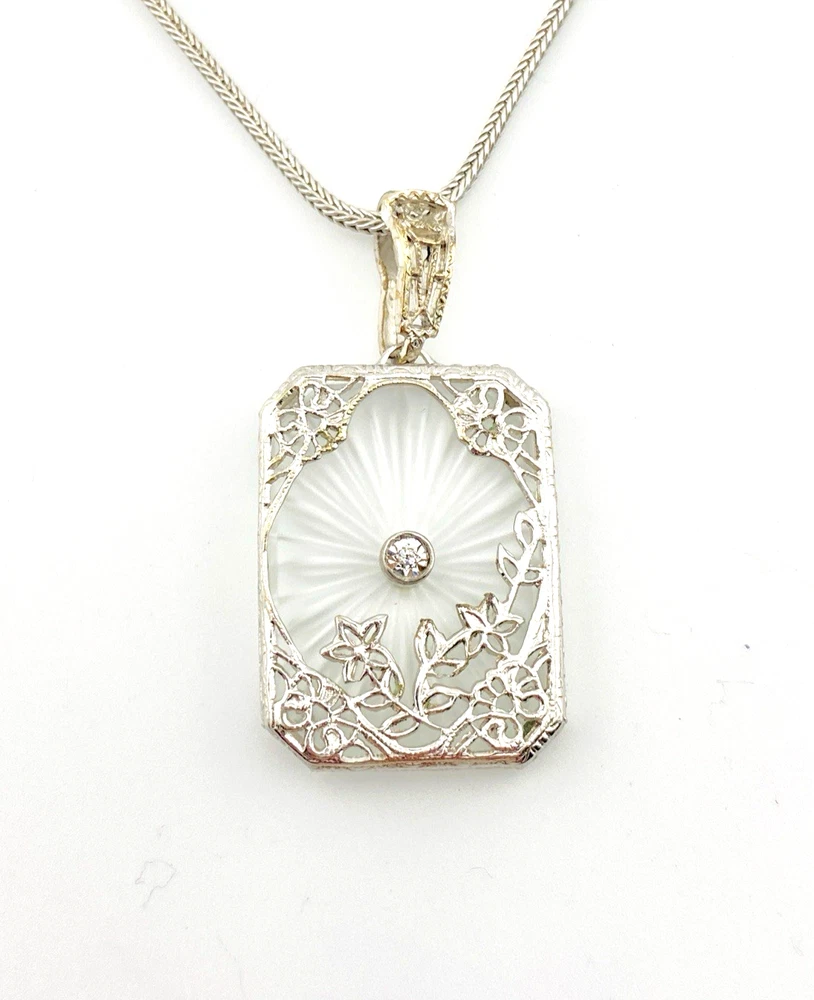 Camphor Glass Real Diamond Pendant Necklace Art Deco Style
