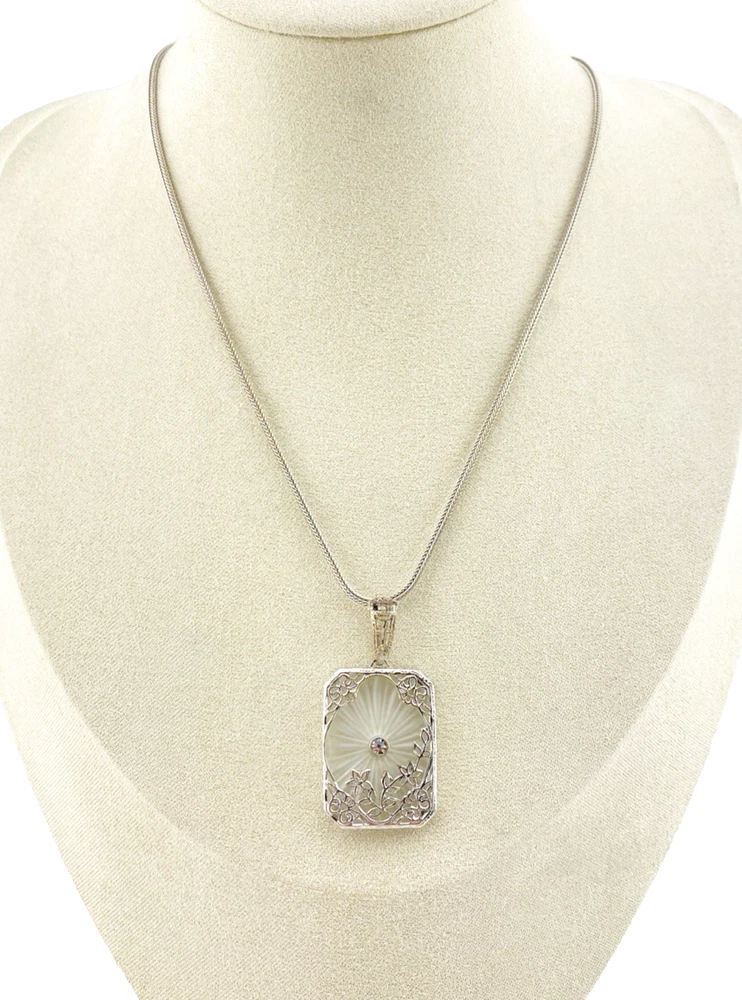 Vintage Camphor Glass Real Diamond Pendant Necklace Rhodium Plated Floral