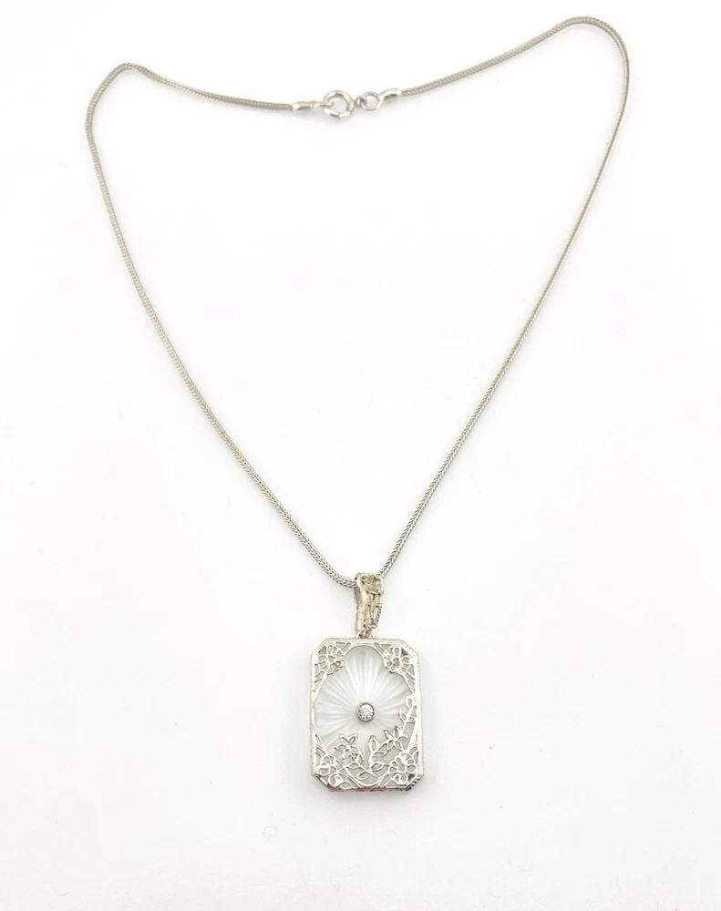 Vintage Camphor Glass Real Diamond Pendant Necklace Rhodium Plated Floral
