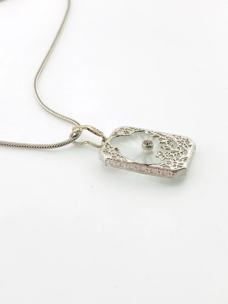 Vintage Camphor Glass Real Diamond Pendant Necklace Rhodium Plated Floral