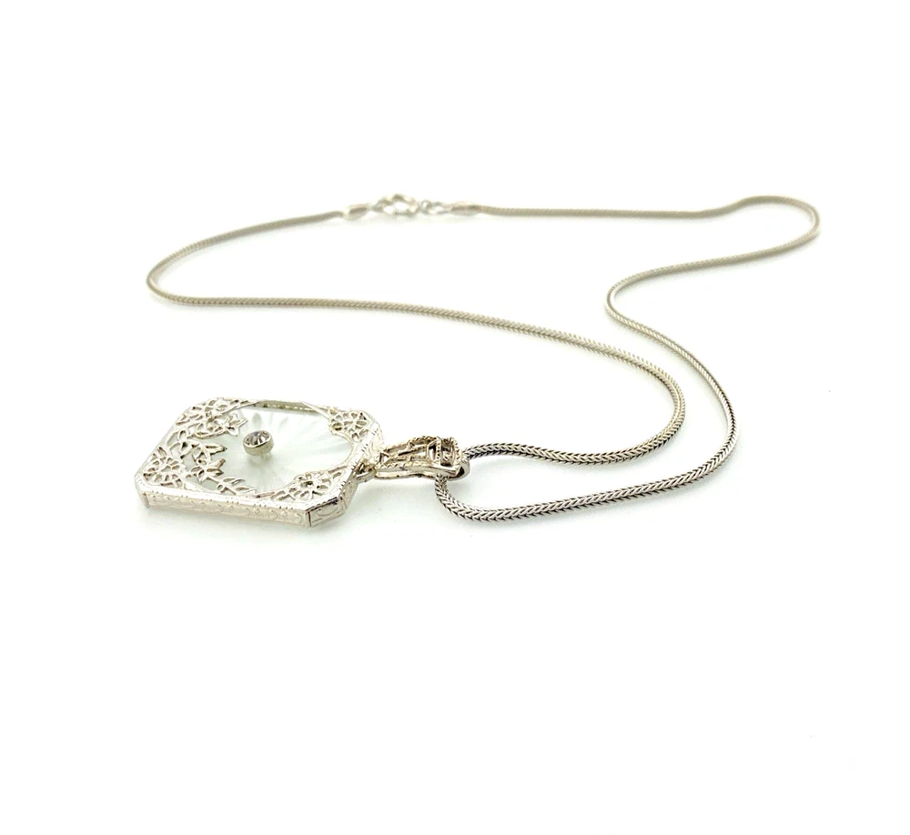 Vintage Camphor Glass Real Diamond Pendant Necklace Rhodium Plated Floral