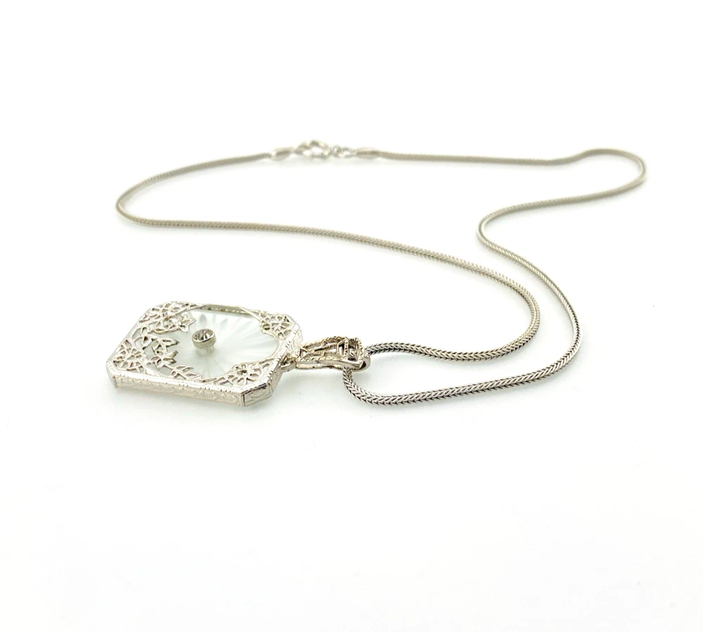 Vintage Camphor Glass Real Diamond Pendant Necklace Rhodium Plated Floral