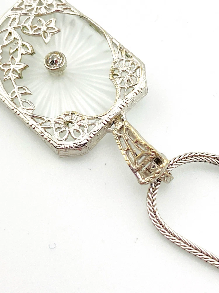 Vintage Camphor Glass Real Diamond Pendant Necklace Rhodium Plated Floral