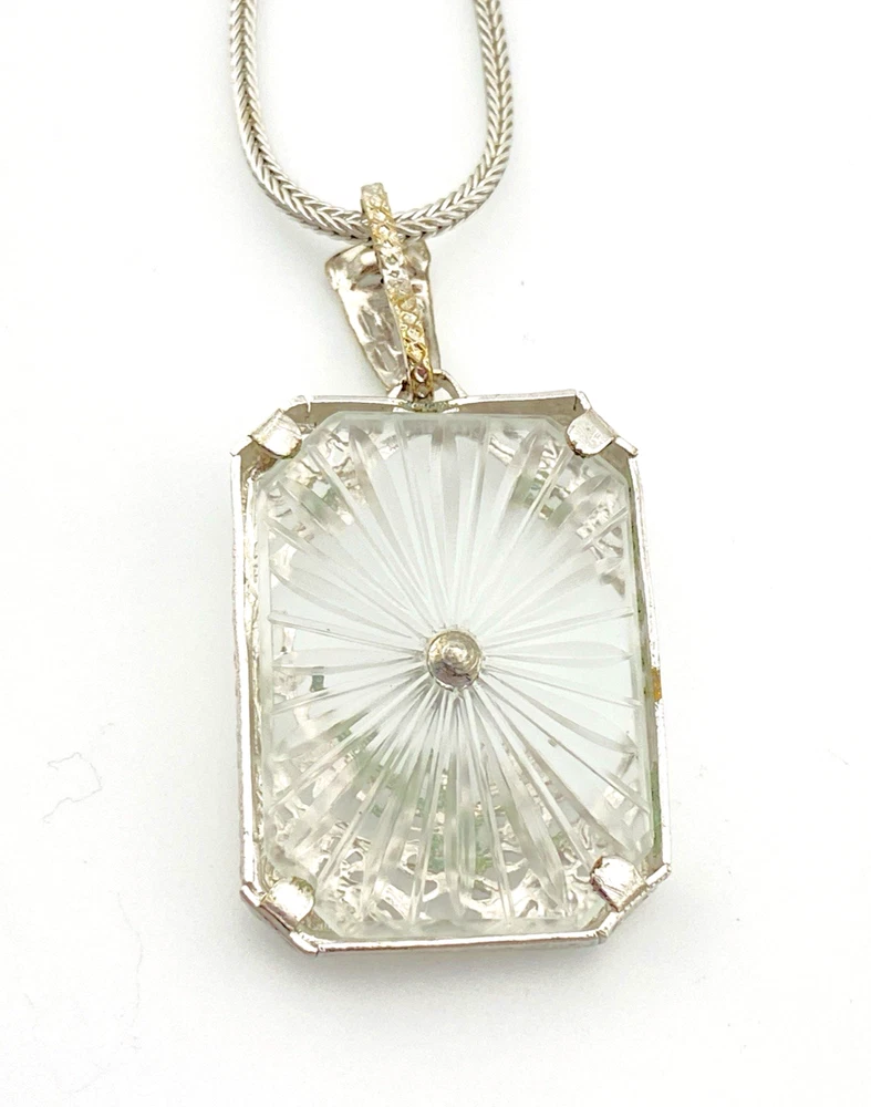 Vintage Camphor Glass Real Diamond Pendant Necklace Rhodium Plated Floral